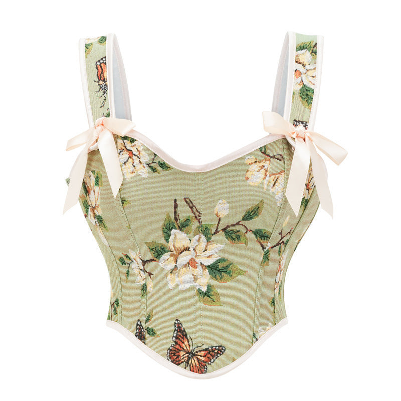 Medieval Style Bow Corset Women's Strapless Fitted Printed Sexy Crop Top