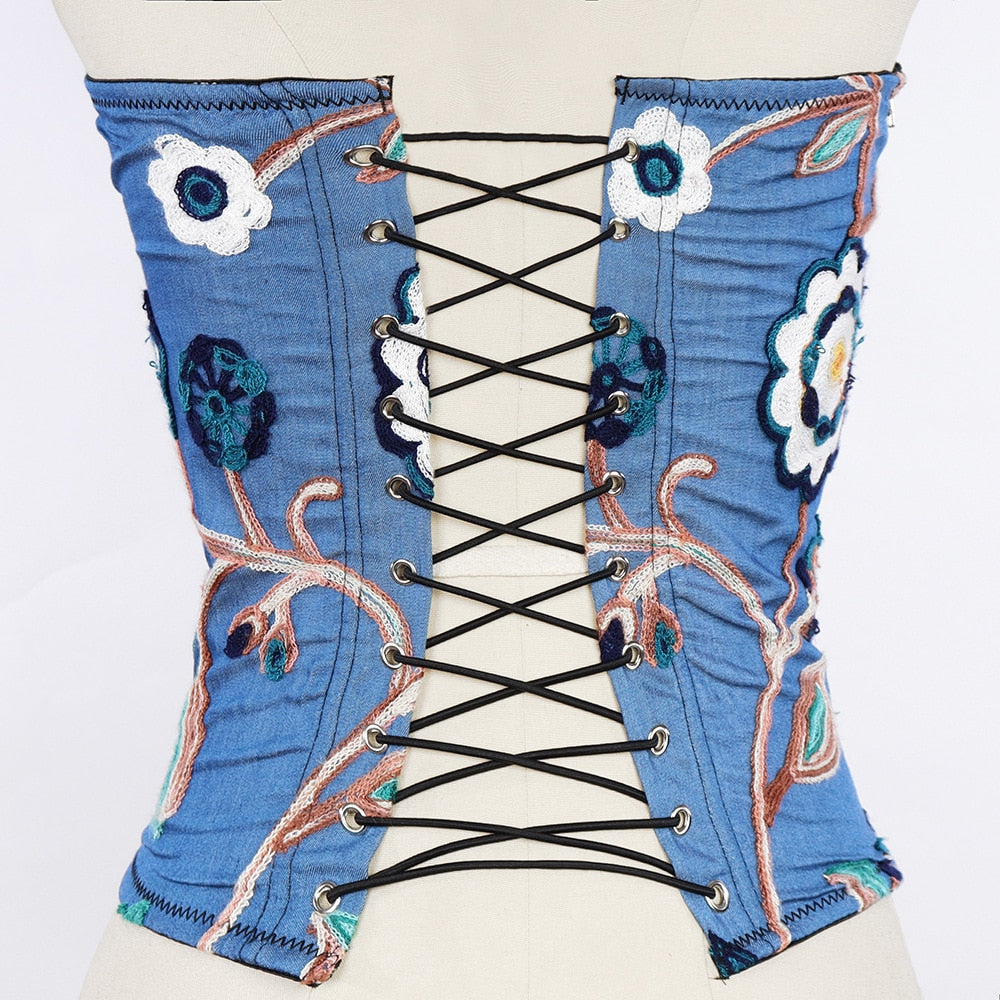Atoshare Vintage Punk Rhinestone Corset Top Flowers Bandage Backless Diamond Chain for Women Rave Clothing
