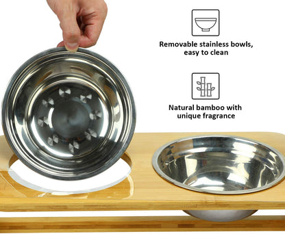 Raised Pet Bowls for Cats and Dogs, Bamboo Adjustable Tilted Elevated Dog Cat Food and Water Bowls Stand Feeder with 2 Stainless Steel Bowls and anti Slip Feet - Adjusts to 4 Heights Pet's Supplies |