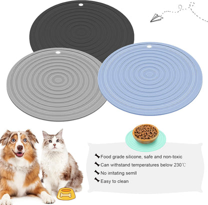 3 Pieces Silicone Pet Food Mat Pet Feeding Mat for Dog and Cat Food Bowl Place-Mat Preventing Food and Water Overflow Suitable for Medium and Small Pet (Blue, Gray, Black, 9.5 Inch)