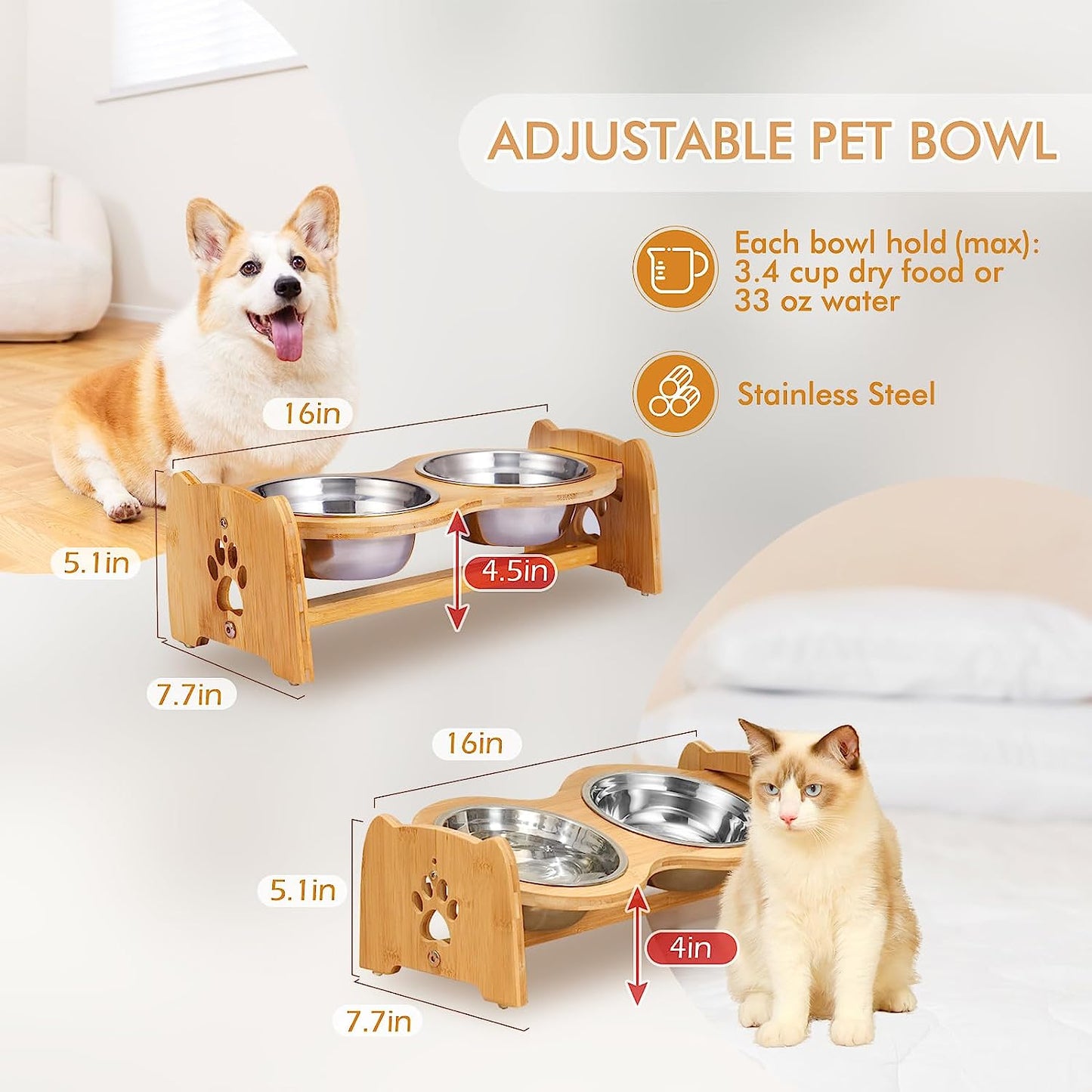 Elevated Dog Bowls for Cats and Dogs, Adjustable Bamboo Raised Dog Bowls for Small Dog, Food and Water Set Stand Feeder with 2 Stainless Steel Bowls and anti Slip Feet (Height 4" to 4.5") Pet's Supplies |