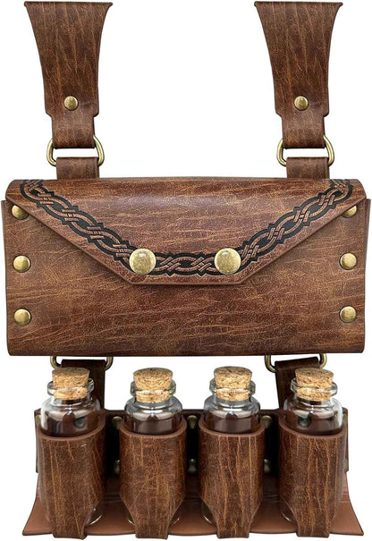 HiiFeuer Medieval Alchemy Faux Leather Belt Bag with 4 Cork Potion Vials, Fantasy Wizard Waist Pouch Side Pack for Ren Faire (Light Brown A)