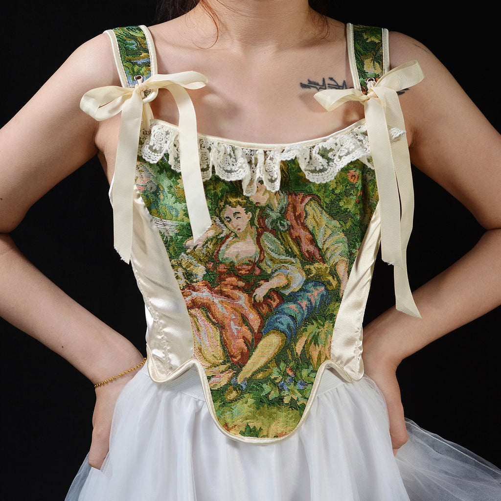 Oil Painting Color Matching Lace Top French Folded Vest Fishbone Corset Top