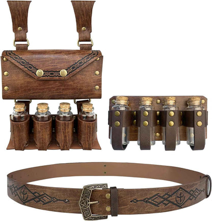Medieval Alchemy Belt Waist Pack Combo with Multiple Potion Bottles, Viking Rivet Belt Side Pouch for Cosplay