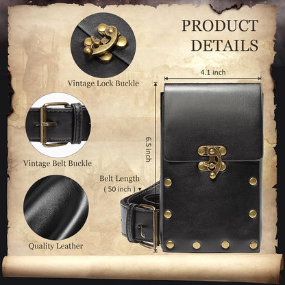 Belt Pouch Waist Bag Fanny Pack Steampunk Phone Holder Medieval Bag Leather Belt Renaissance Cosplay Costume Accessories (Tri-Black)