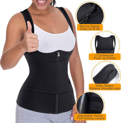 GAODI Women Waist Trainer Vest Slim Corset Neoprene Sauna Tank Top Zipper Workout Body Shaper Shirt (L, Black Sauna Vest)