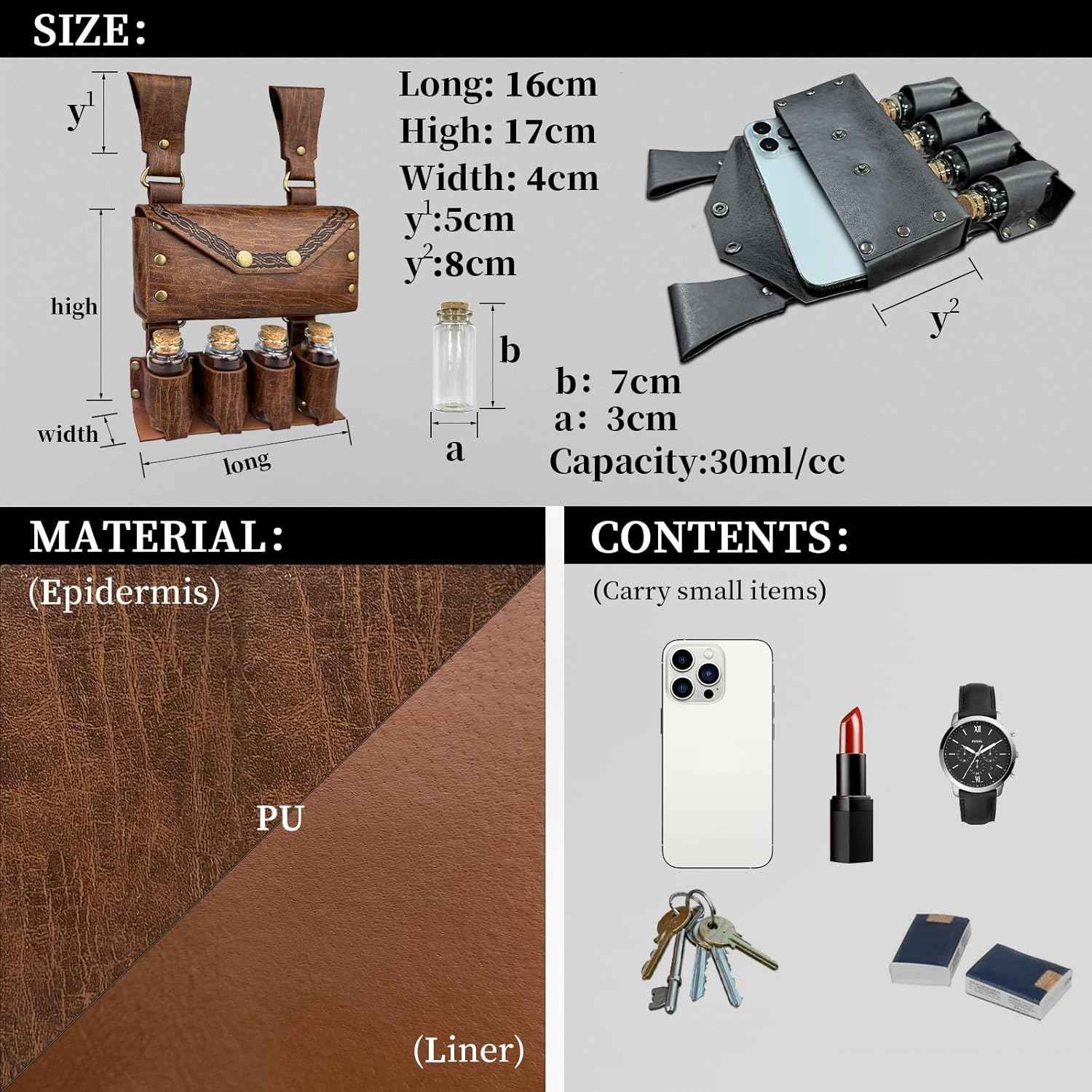 Medieval Alchemy Belt Waist Pack Combo with Multiple Potion Bottles, Viking Rivet Belt Side Pouch for Cosplay