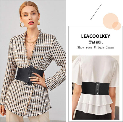 LEACOOLKEY Women Black Tied Waspie Belt, Lace-up Cinch Belt, Corset Elastic Waist Belt
