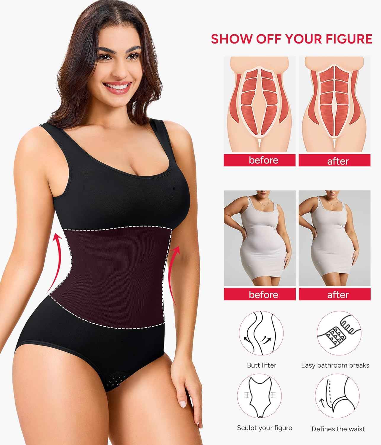 Nebility Womens' Waist Trainer Seamless Round Neck Tummy Control Shapewear Bodysuit