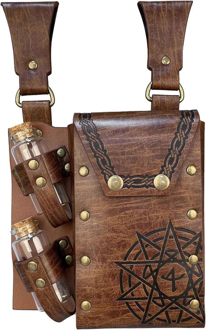 HiiFeuer Medieval Alchemy Faux Leather Belt Bag with 4 Cork Potion Vials, Fantasy Wizard Waist Pouch Side Pack for Ren Faire (Light Brown A)