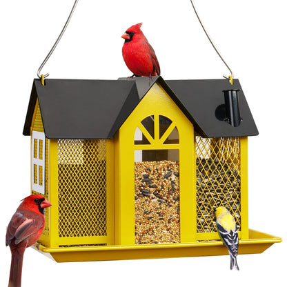 Weatherproof Metal Bird Feeder House, Triple Feeders for outside Finch Cardinal, Yellow