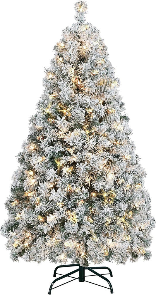 4.5Ft Pre-Lit Artificial Christmas Tree with Incandescent Warm White Lights, Snow Flocked Full Prelighted Xmas Tree W/340 Branch Tips, 150 Incandescent Lights & Foldable Stand, Green & White Pet's Supplies |