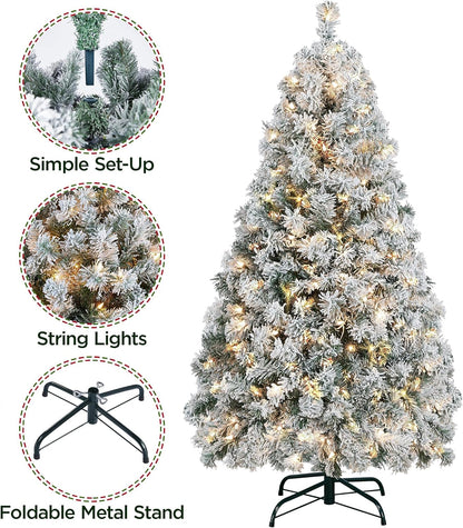 4.5Ft Pre-Lit Artificial Christmas Tree with Incandescent Warm White Lights, Snow Flocked Full Prelighted Xmas Tree W/340 Branch Tips, 150 Incandescent Lights & Foldable Stand, Green & White Pet's Supplies |