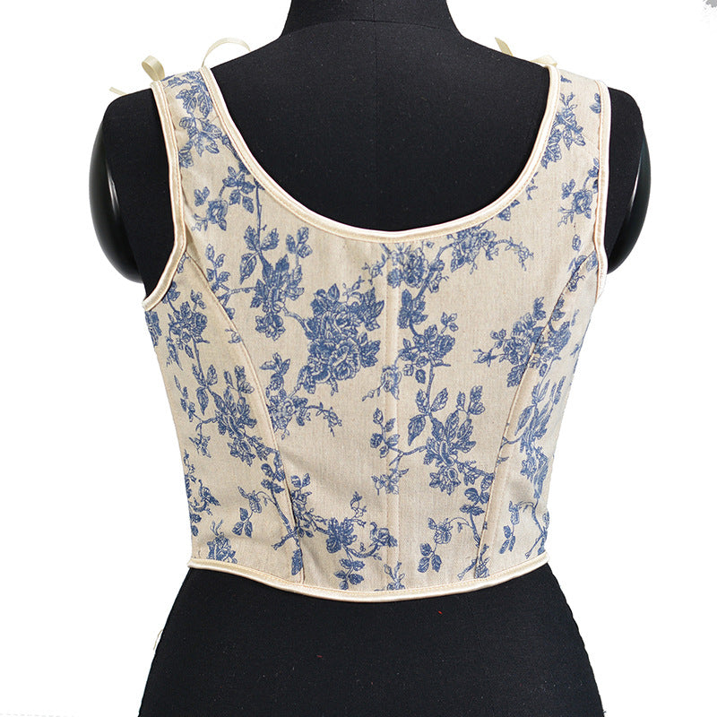 French Lace-Up Corset Vintage Large Orchid Print Lace Layered Vest Women's Top