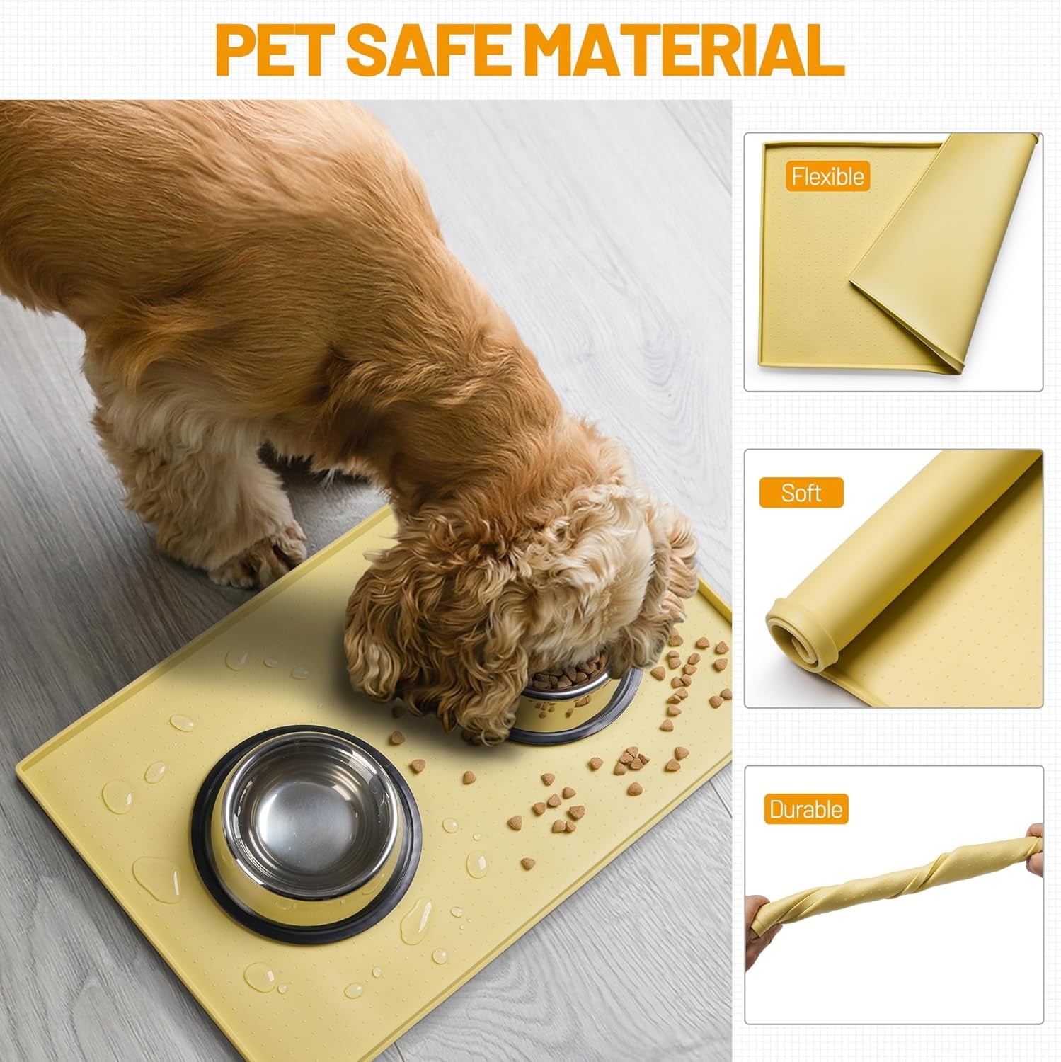 Dog Feeding Mat,100% Waterproof Food Grade Silicone Pet Food and Water Bowl Placemat,Dishwasher, High Raised Edge to Prevent Spills,Nonslip Tray to Stop Messes on Floor (24"X16"X0.5", Yellow) Pet's Supplies |