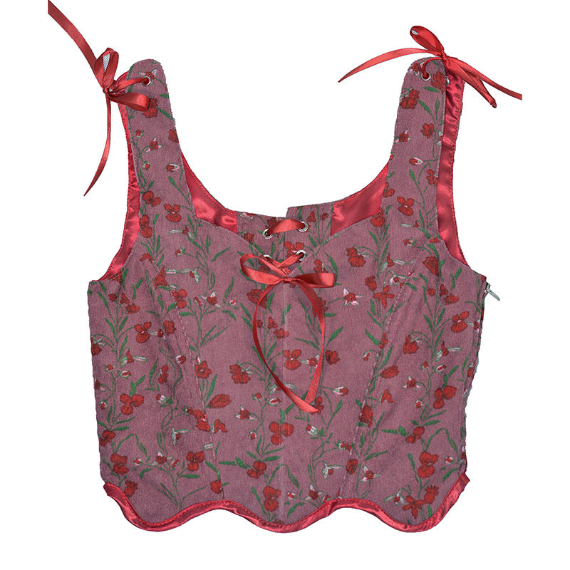 V-Neck Corduroy Small Floral Print Bow Petal Hem Fishbone Strap Short Corset Vest