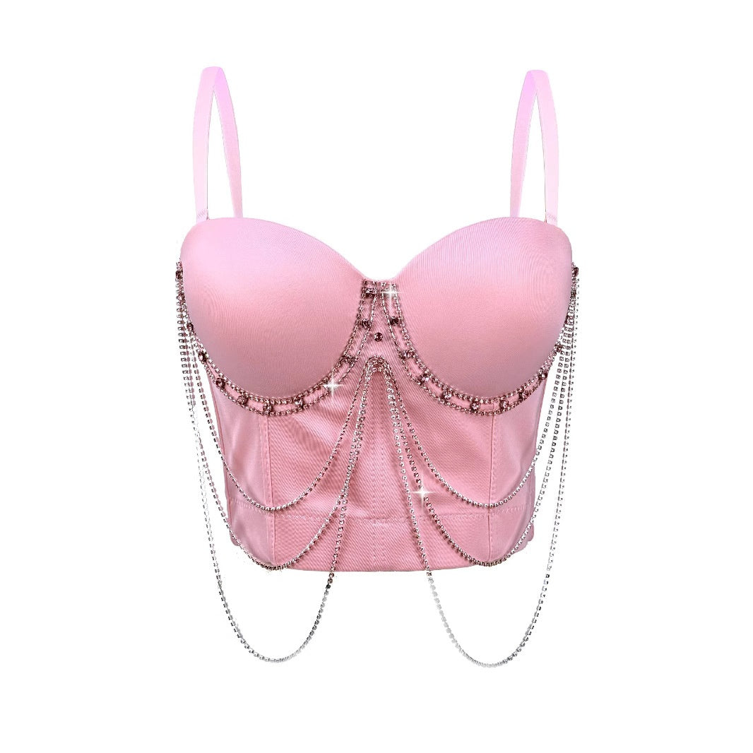 Tassel Chain Strapless Camisole Summer Performance Stage Sexy Body-Shaping Corset Boned Bustier