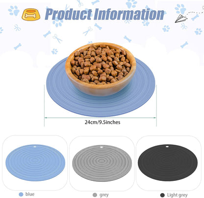 3 Pieces Silicone Pet Food Mat Pet Feeding Mat for Dog and Cat Food Bowl Place-Mat Preventing Food and Water Overflow Suitable for Medium and Small Pet (Blue, Gray, Black, 9.5 Inch)