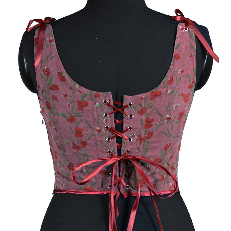 V-Neck Corduroy Small Floral Print Bow Petal Hem Fishbone Strap Short Corset Vest