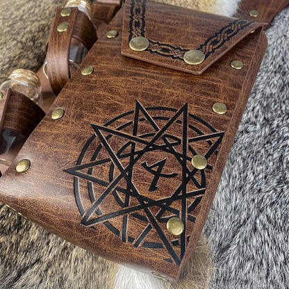 HiiFeuer Medieval Alchemy Faux Leather Belt Bag with 4 Cork Potion Vials, Fantasy Wizard Waist Pouch Side Pack for Ren Faire (Light Brown A)