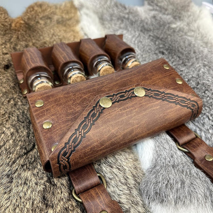 HiiFeuer Medieval Alchemy Faux Leather Belt Bag with 4 Cork Potion Vials, Fantasy Wizard Waist Pouch Side Pack for Ren Faire (Light Brown A)