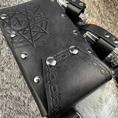 HiiFeuer Medieval Alchemy Faux Leather Belt Bag with 4 Cork Potion Vials, Fantasy Wizard Waist Pouch Side Pack for Ren Faire (Light Brown A)