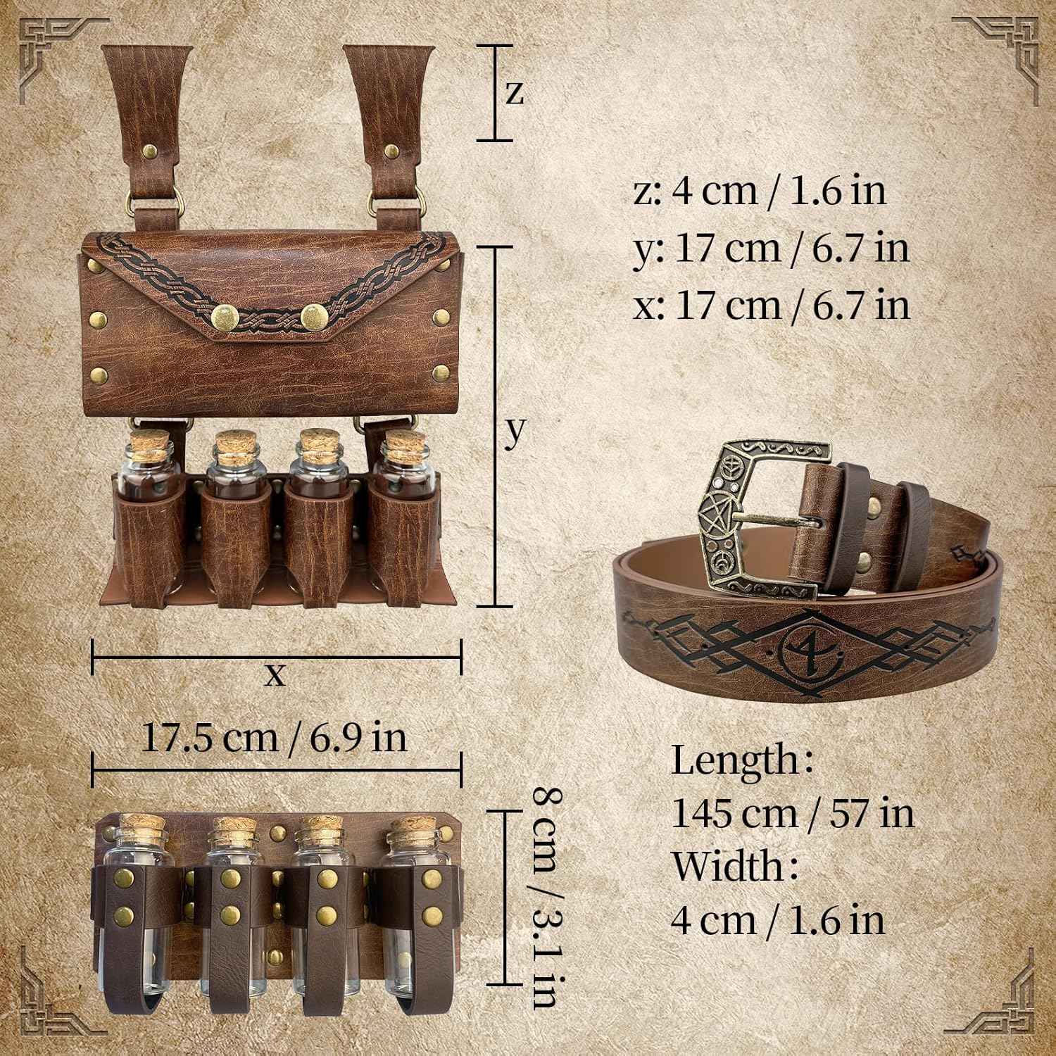 Medieval Alchemy Belt Waist Pack Combo with Multiple Potion Bottles, Viking Rivet Belt Side Pouch for Cosplay