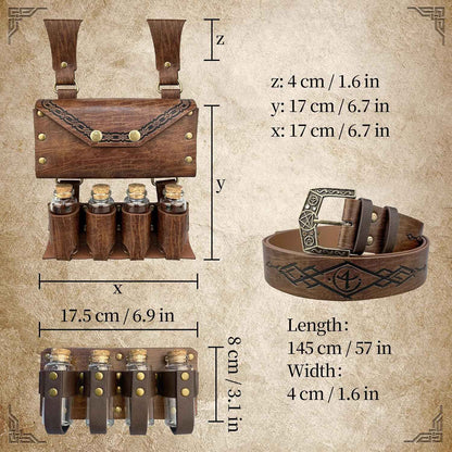 Medieval Alchemy Belt Waist Pack Combo with Multiple Potion Bottles, Viking Rivet Belt Side Pouch for Cosplay