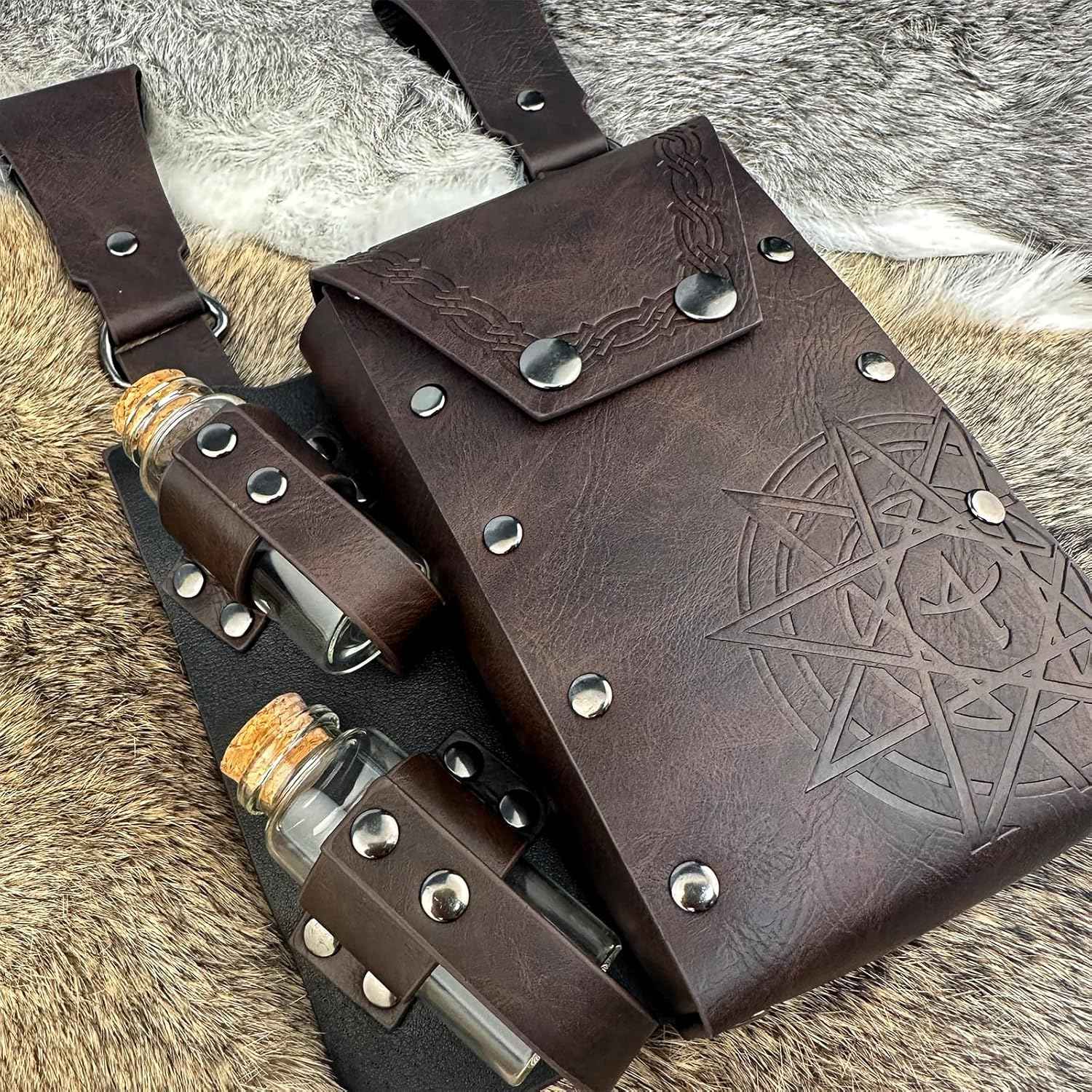 HiiFeuer Medieval Alchemy Faux Leather Belt Bag with 4 Cork Potion Vials, Fantasy Wizard Waist Pouch Side Pack for Ren Faire (Light Brown A)