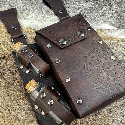 HiiFeuer Medieval Alchemy Faux Leather Belt Bag with 4 Cork Potion Vials, Fantasy Wizard Waist Pouch Side Pack for Ren Faire (Light Brown A)