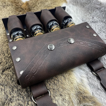 HiiFeuer Medieval Alchemy Faux Leather Belt Bag with 4 Cork Potion Vials, Fantasy Wizard Waist Pouch Side Pack for Ren Faire (Light Brown A)
