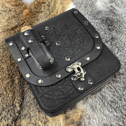 HiiFeuer Medieval Alchemy Faux Leather Belt Bag with 4 Cork Potion Vials, Fantasy Wizard Waist Pouch Side Pack for Ren Faire (Light Brown A)