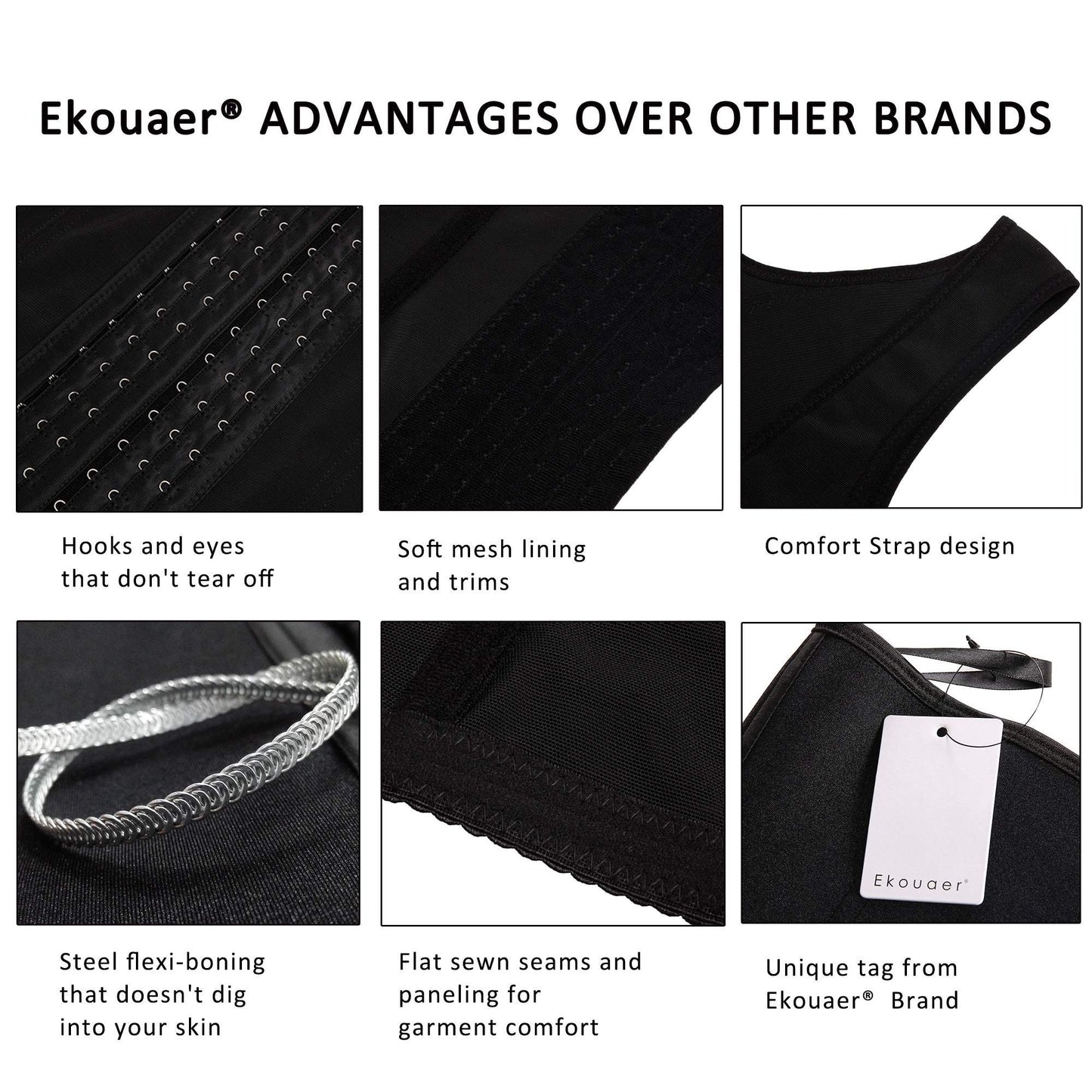 Ekouaer Women's Underbust Corset Waist Trainer Cincher Steel Boned Body Shaper Tummy Fat Burner S-4XL