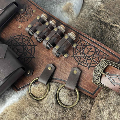 HiiFeuer 4 PCs Medieval Alchemy Costume, Fantasy Faux Leather Wizard Potion Holder Belt With 4 Cork Vials and Bag