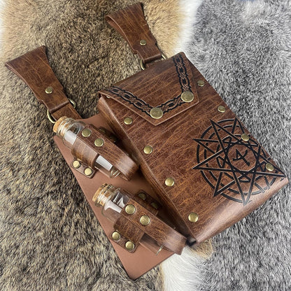 HiiFeuer Medieval Alchemy Faux Leather Belt Bag with 4 Cork Potion Vials, Fantasy Wizard Waist Pouch Side Pack for Ren Faire (Light Brown A)