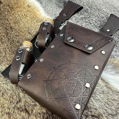 HiiFeuer Medieval Alchemy Faux Leather Belt Bag with 4 Cork Potion Vials, Fantasy Wizard Waist Pouch Side Pack for Ren Faire (Light Brown A)
