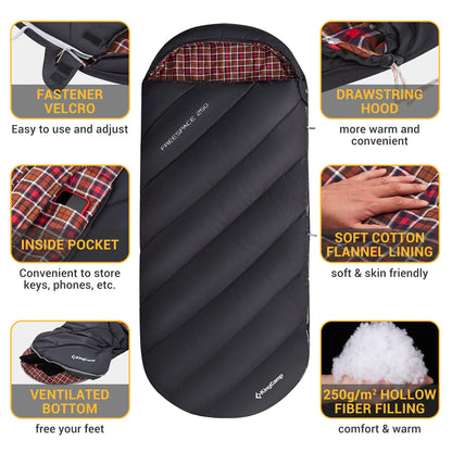 XL Camping Sleeping Bags 3 Seasons Oversized Lightweight Cotton Flannel Sleeping Bag Black