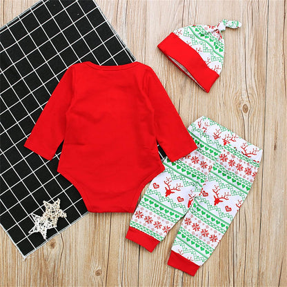 Christmas Romper Baby Girls Boys Clothes Fall Winter Infant Romper Outfit Xmas Top Long Pants Newborn Clothes Hat Sets 0-18M