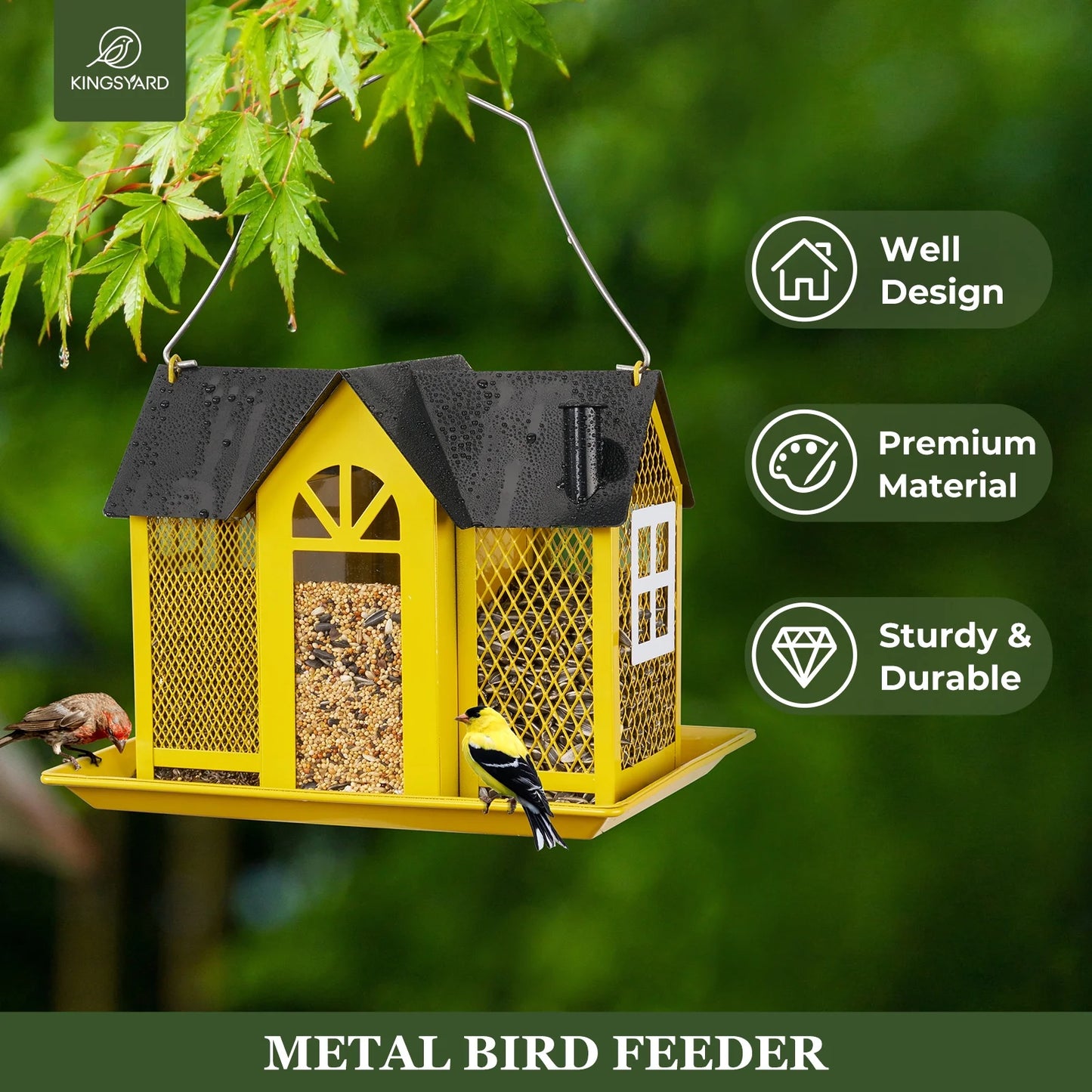 Weatherproof Metal Bird Feeder House, Triple Feeders for outside Finch Cardinal, Yellow