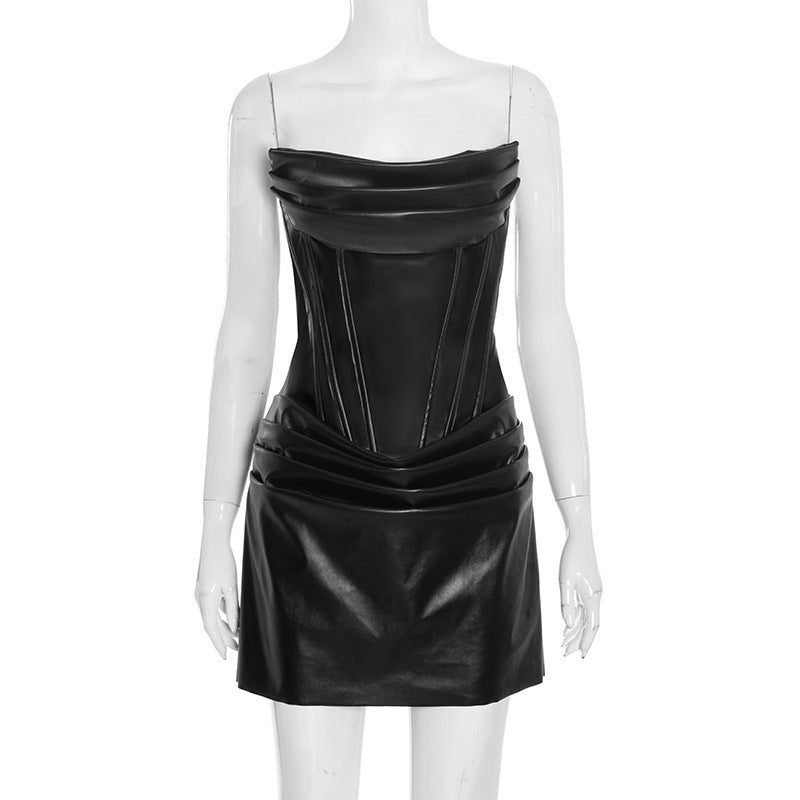 Women's Autumn Pure Color Sexy PU Pleated Corset Bustier A-Line Dress