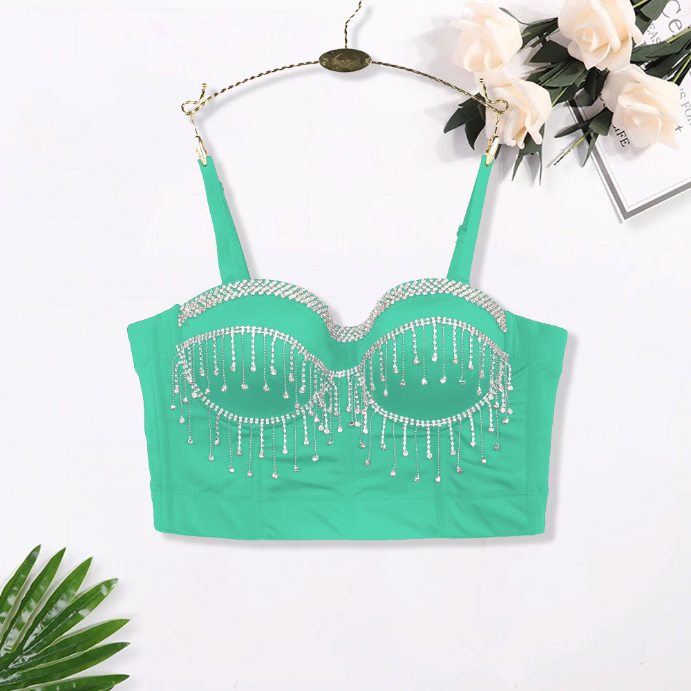 Sexy Spaghetti Strap Corset with Rhinestones and Tassels