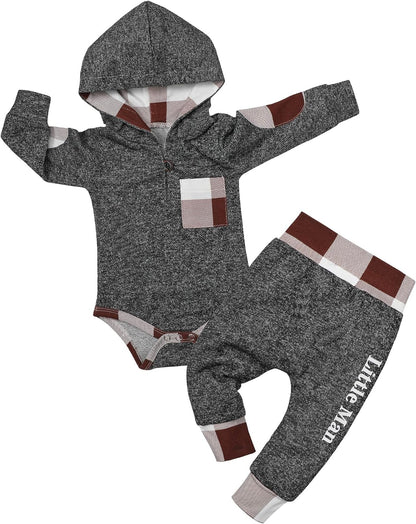 Newborn Baby Boy Clothes Plaid Letter Print Long Sleeve Hoodies + Long Pants 2PCS Fall Winter Outfits Set