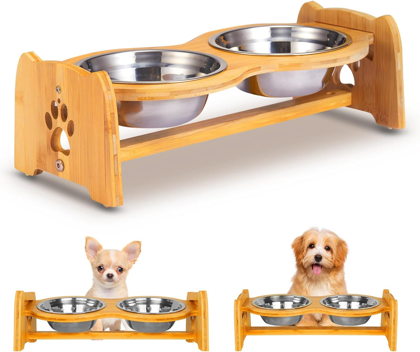 Elevated Dog Bowls for Cats and Dogs, Adjustable Bamboo Raised Dog Bowls for Small Dog, Food and Water Set Stand Feeder with 2 Stainless Steel Bowls and anti Slip Feet (Height 4" to 4.5") Pet's Supplies |