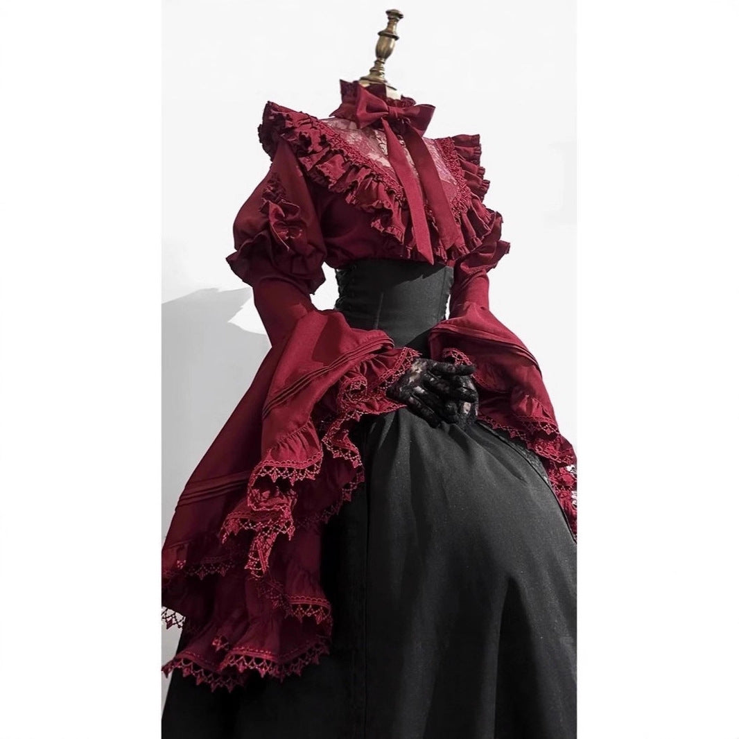 Halloween Gothic Lolita Shirt Corset Skirt Set with Princess Sleeves, Elegant and Lavish Two-Piece Outfit for Women