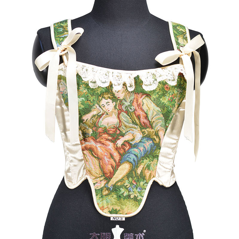 Oil Painting Color Matching Lace Top French Folded Vest Fishbone Corset Top