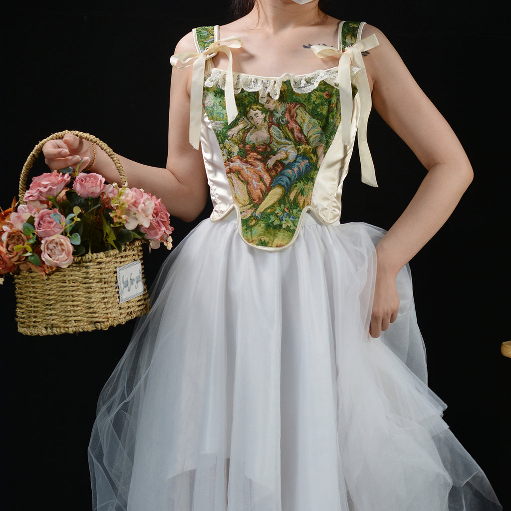 Oil Painting Color Matching Lace Top French Folded Vest Fishbone Corset Top