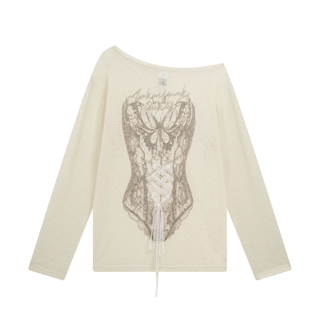 Corset Top Printed Off-Shoulder Lace Drawstring Sweet