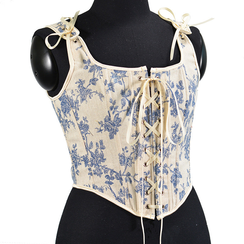 French Lace-Up Corset Vintage Large Orchid Print Lace Layered Vest Women's Top