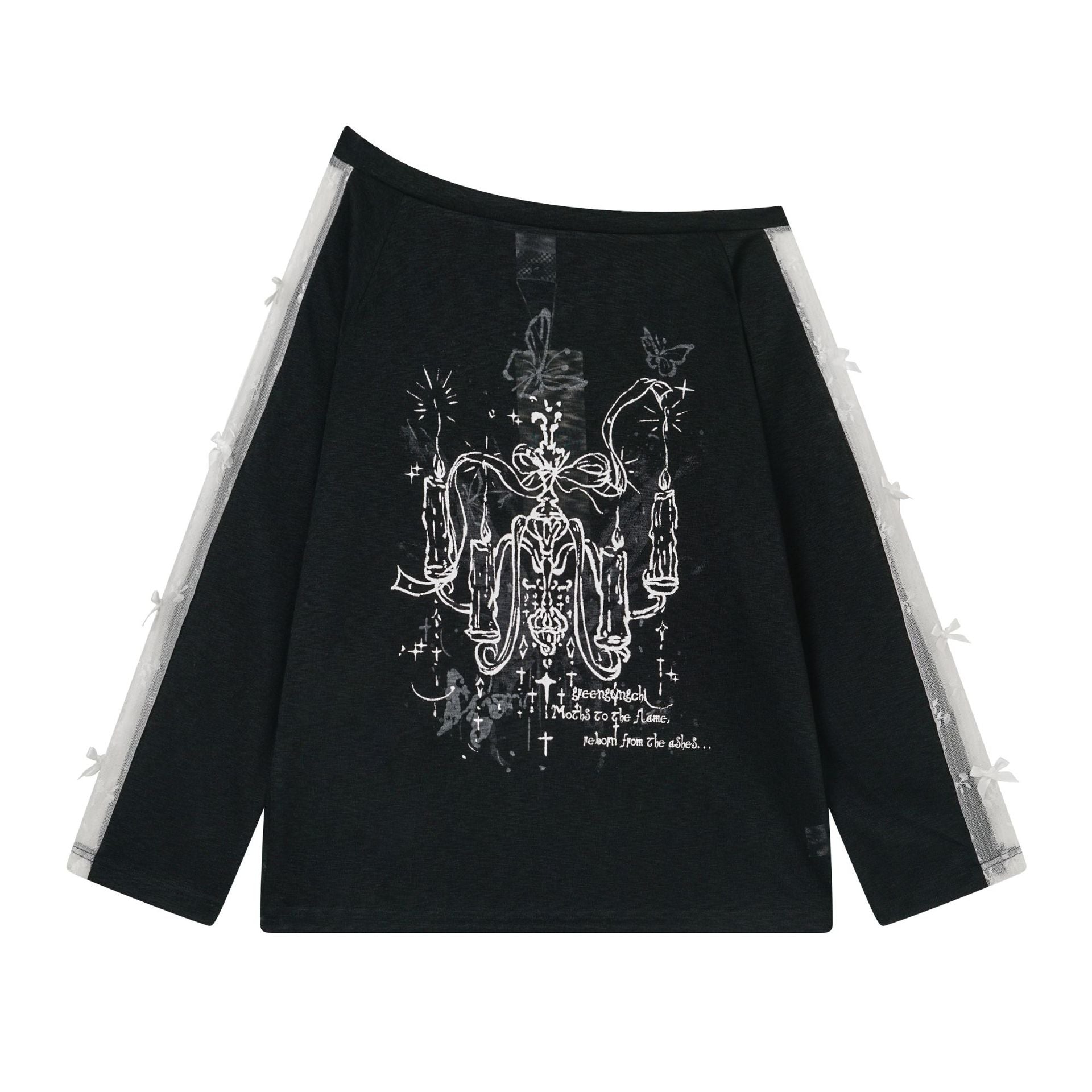 Sweet Girl Style Corset Top with Print, Asymmetrical Shoulder, Long Sleeve, Lace-up Belt, Butterfly Decoration