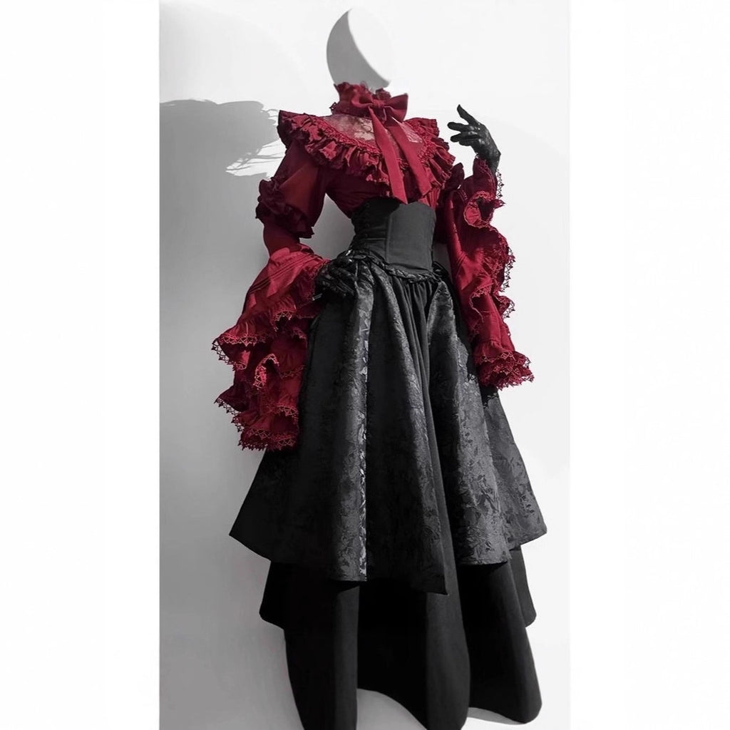 Halloween Gothic Lolita Shirt Corset Skirt Set with Princess Sleeves, Elegant and Lavish Two-Piece Outfit for Women